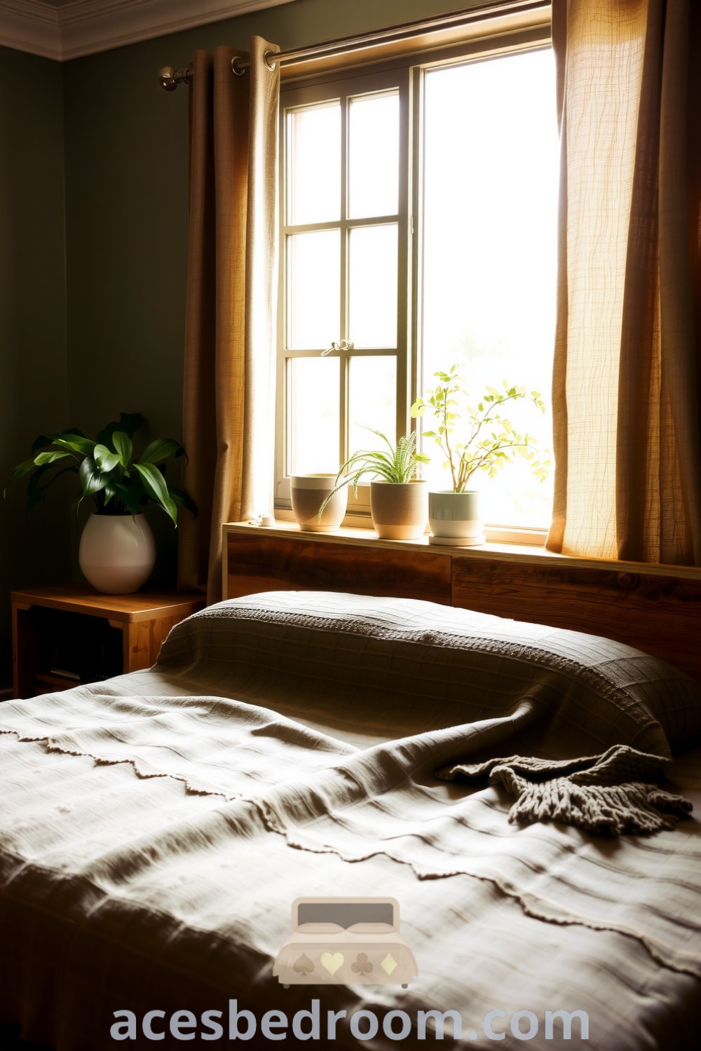 Cozy nature-themed bedroom featuring soft greens, earthy browns, a reclaimed wooden bed frame, a thick mossy blanket, and native plants in ceramic pots, showcasing harmonious design ideas for a warm and sophisticated look, available on acesbedroom.com.