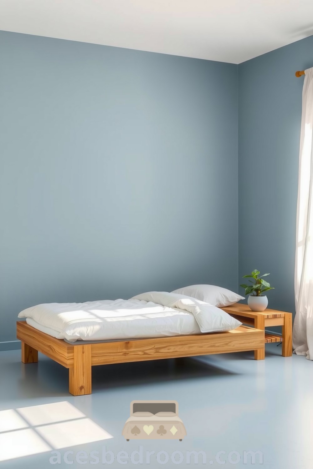 Minimalist bedroom featuring serene blue walls, a low-profile natural wood bed with white linens, and a reclaimed wood nightstand with a potted plant, illuminated by warm sunlight through sheer curtains, offering cozy inspirations for a calming home atmosphere, found on acesbedroom.com.