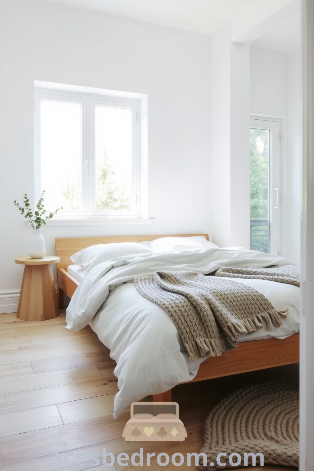 Cozy Scandinavian bedroom featuring soft white walls, light oak bed with gray bedding and a knit throw, minimalist nightstand with greenery, and a woolen rug, showcasing design ideas for a warm and sophisticated look, inspiration for your home on acesbedroom.com.
