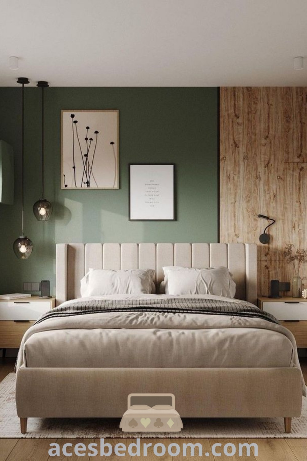 A cozy bedroom with green walls, white furniture, and a large bed, showcasing an inviting and stylish space. This design combines decor ideas for a warm and sophisticated look with inspiring elements for your home. Discover more cozy ideas at acesbedroom.com.