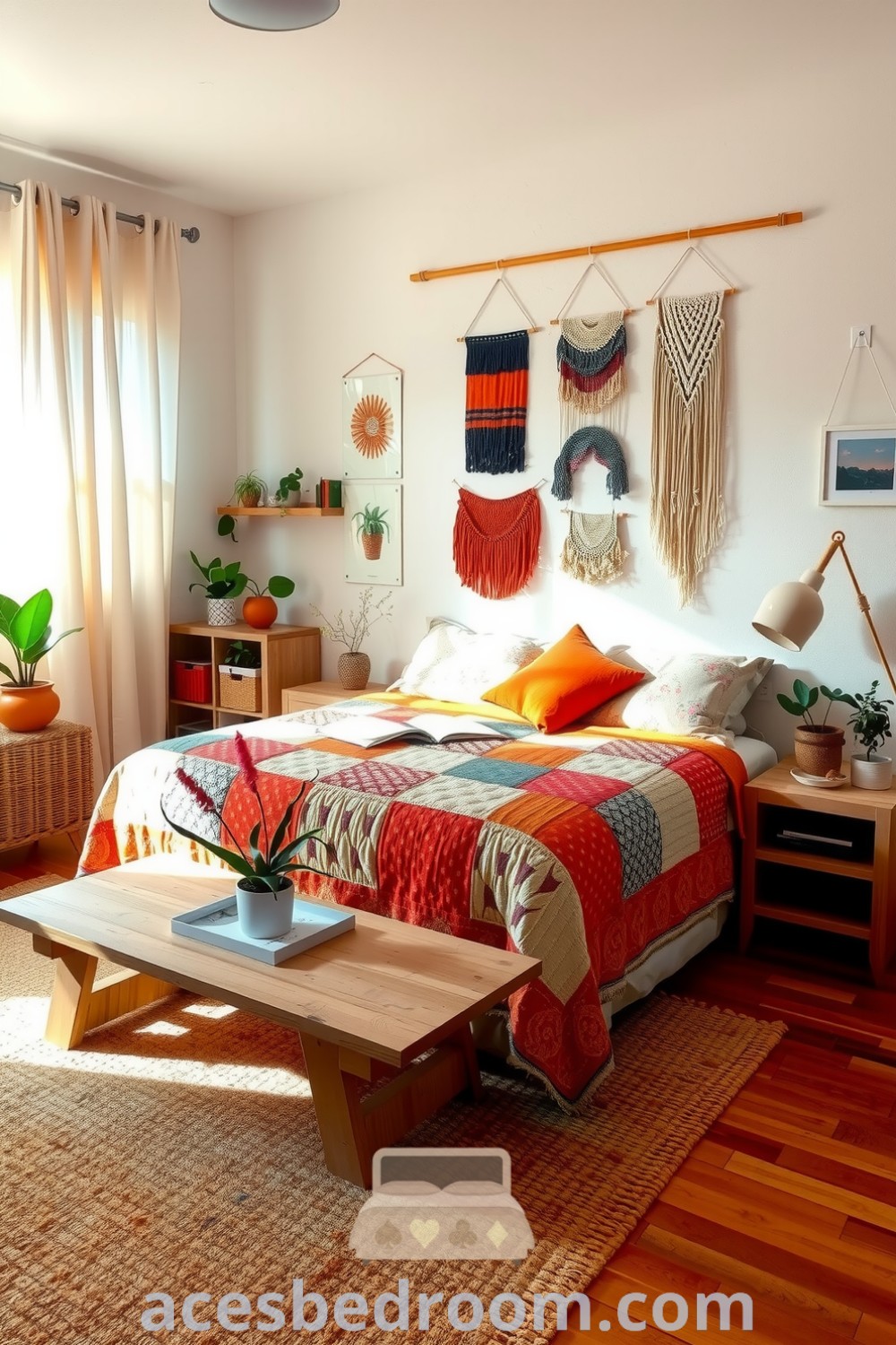 Cozy boho bedroom featuring soft orange accents, a patchwork quilt, macramé wall hangings, and potted plants, designed for a warm and sophisticated look, providing ideas and inspirations for your home, showcased on acesbedroom.com.