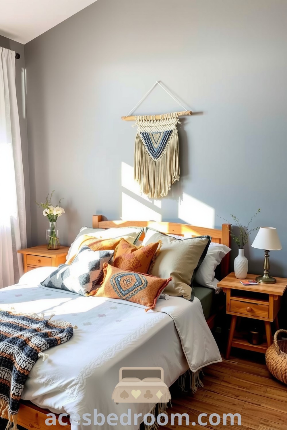 Cozy Boho bedroom with grey walls, textured textiles including a knitted throw and patterned cushions, a handcrafted macramé wall hanging, and natural wood accents, creating a serene and inviting atmosphere, featured on acesbedroom.com.