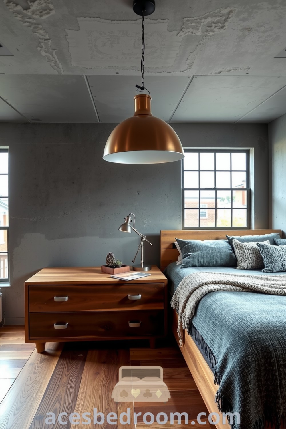 Cozy industrial bedroom featuring grey concrete walls, a wooden bed frame, oversized metal light fixture, and large windows, creating a warm and inviting atmosphere with textured throws and cushions, showcased on acesbedroom.com.