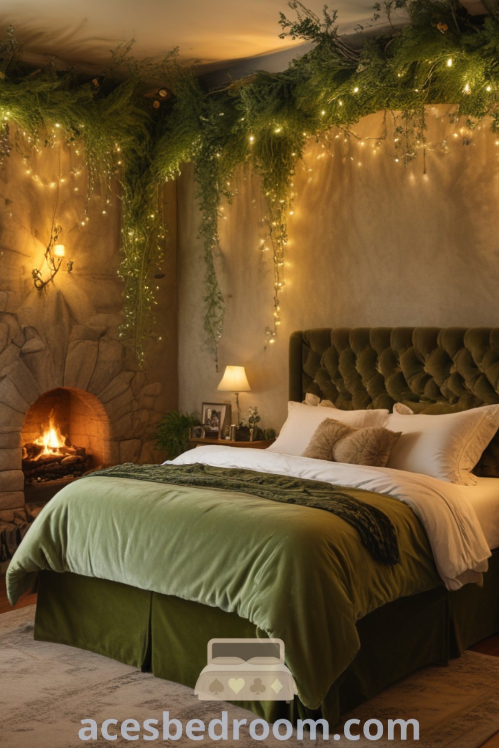 A cozy Norse themed bedroom decorated with greenery and lights, embodying the forest home aesthetic. This magical forest bedroom design features trendy decor ideas that inspire relaxation and tranquility, making it a perfect retreat. More design inspirations can be found at acesbedroom.com.