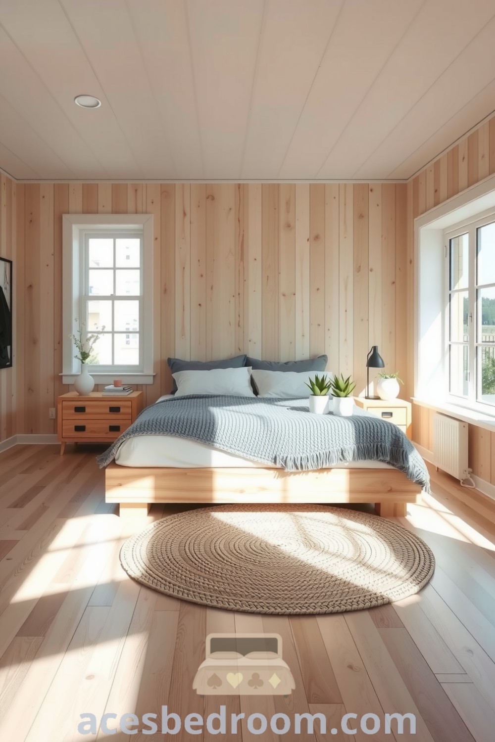 Cozy Scandinavian bedroom featuring light wooden walls, minimalist platform bed with a gray knit blanket, rustic reclaimed wood nightstands, woven jute rug, and succulents in ceramic pots, all showcased on acesbedroom.com.