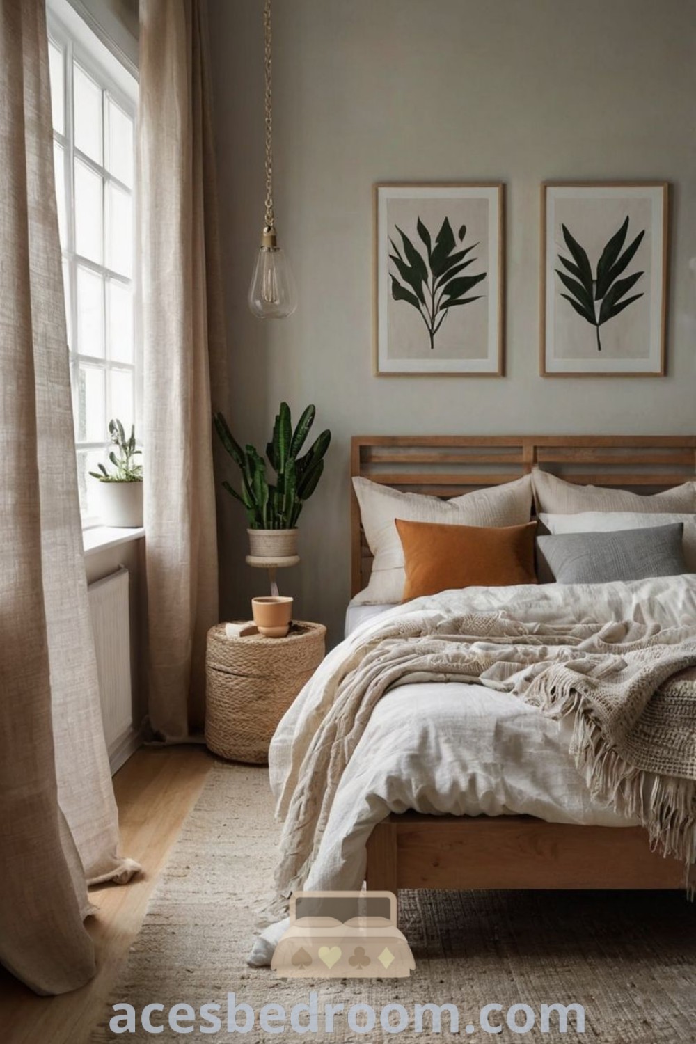 A cozy Scandinavian bedroom featuring a bed next to a window with two plants on top, showcasing modern Scandi bedroom design with earthy tones and a stylish decor. Discover inspiring ideas for your home and cozy inspirations at acesbedroom.com.