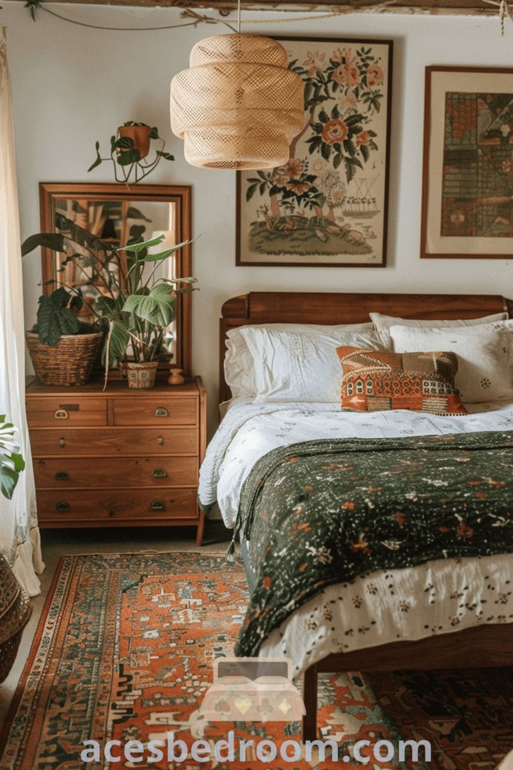 A cozy bedroom showcasing a bed adjacent to a wooden dresser topped with a lamp, complementing a soft rug. This setup offers inspiring decor ideas for a warm, sophisticated ambiance. Discover more cozy home inspirations at acesbedroom.com.