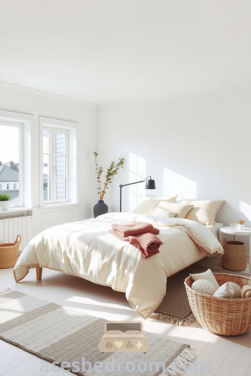 Cozy Scandinavian bedroom design featuring soft white walls, pale wooden floors, creamy blankets, plush pillows, a minimalist lamp, woven baskets, and a gray area rug, creating a warm and inviting atmosphere for your home, showcased on acesbedroom.com.