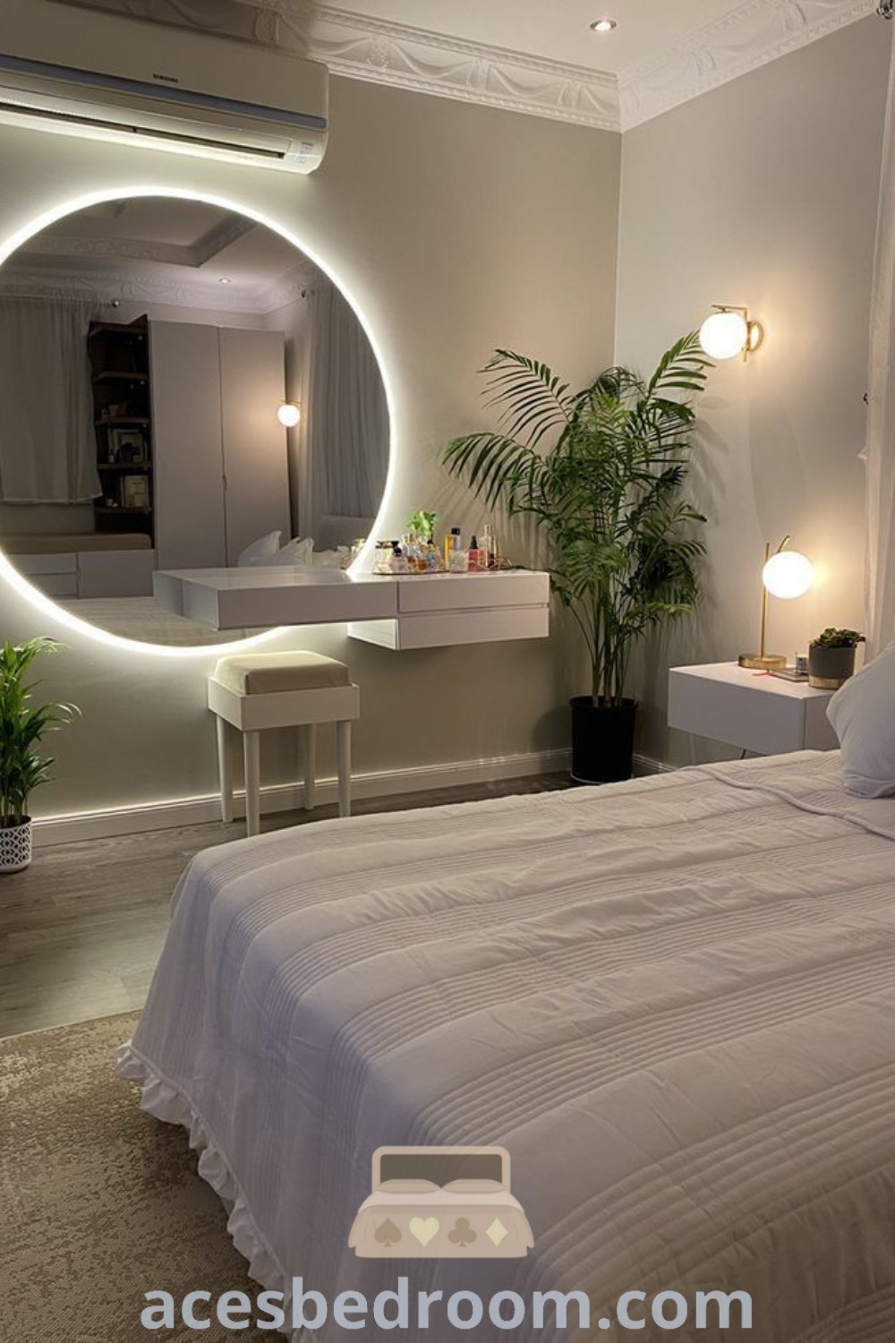 A cozy bedroom showcasing a large round mirror above the bed, serving as a stylish centerpiece that enhances light and space. This room features chic decor ideas and trendy designs for a warm and sophisticated look, perfect for small bedroom interiors. Discover inspiring design tips and unique ideas for your home at acesbedroom.com.