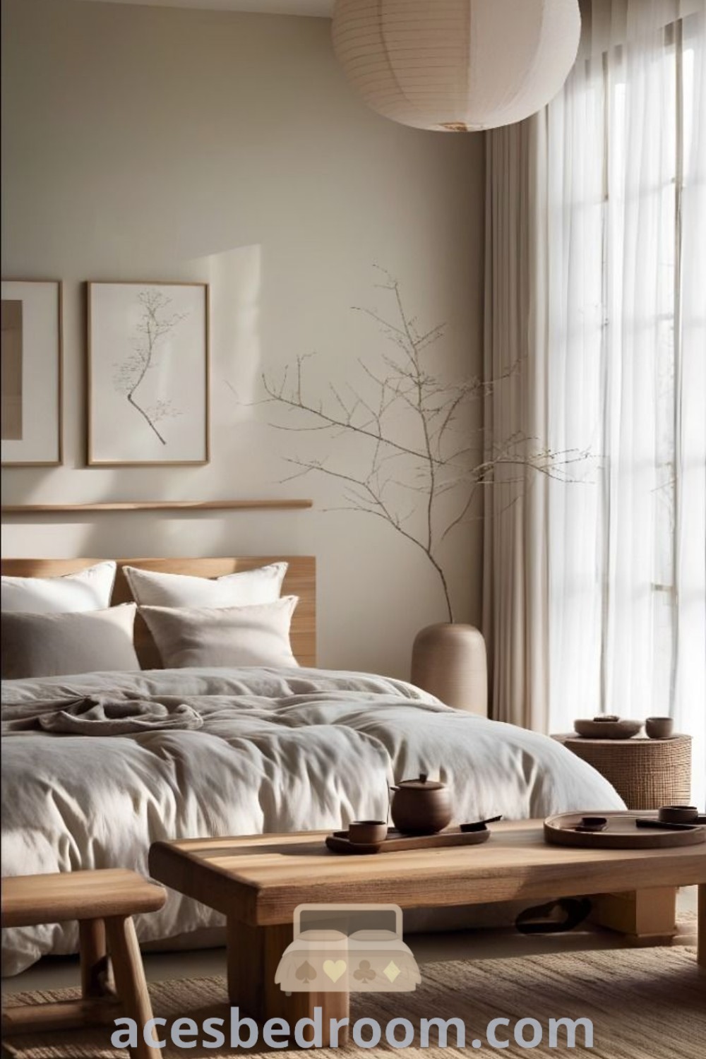 A serene Japandi blue bedroom featuring a large bed next to a window, sophisticated lighting, and unique home accessories that embody Japandi design. Ideal for cozy decor inspirations, this stylish space offers design ideas for your home on acesbedroom.com.