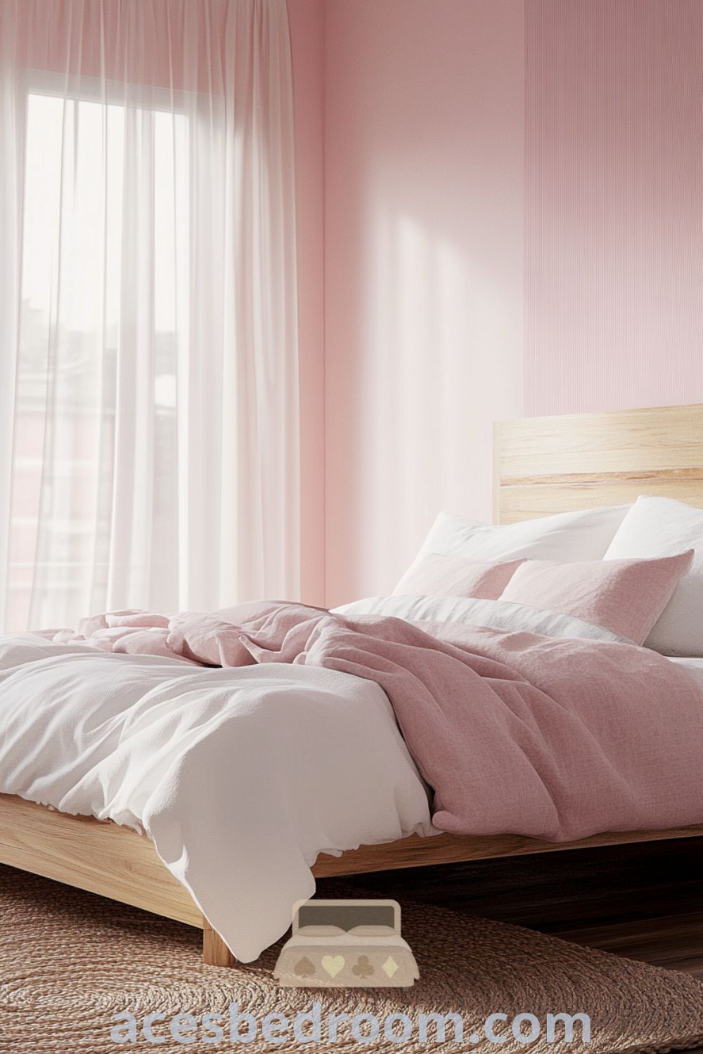 Cozy Scandinavian bedroom with soft pink walls, a sturdy wooden bed frame, fluffy white duvet and cushions in rose shades, illuminated by natural light through sheer curtains, featuring a textured woven rug and minimalist decor inspirations for a warm and sophisticated look, showcased on acesbedroom.com.