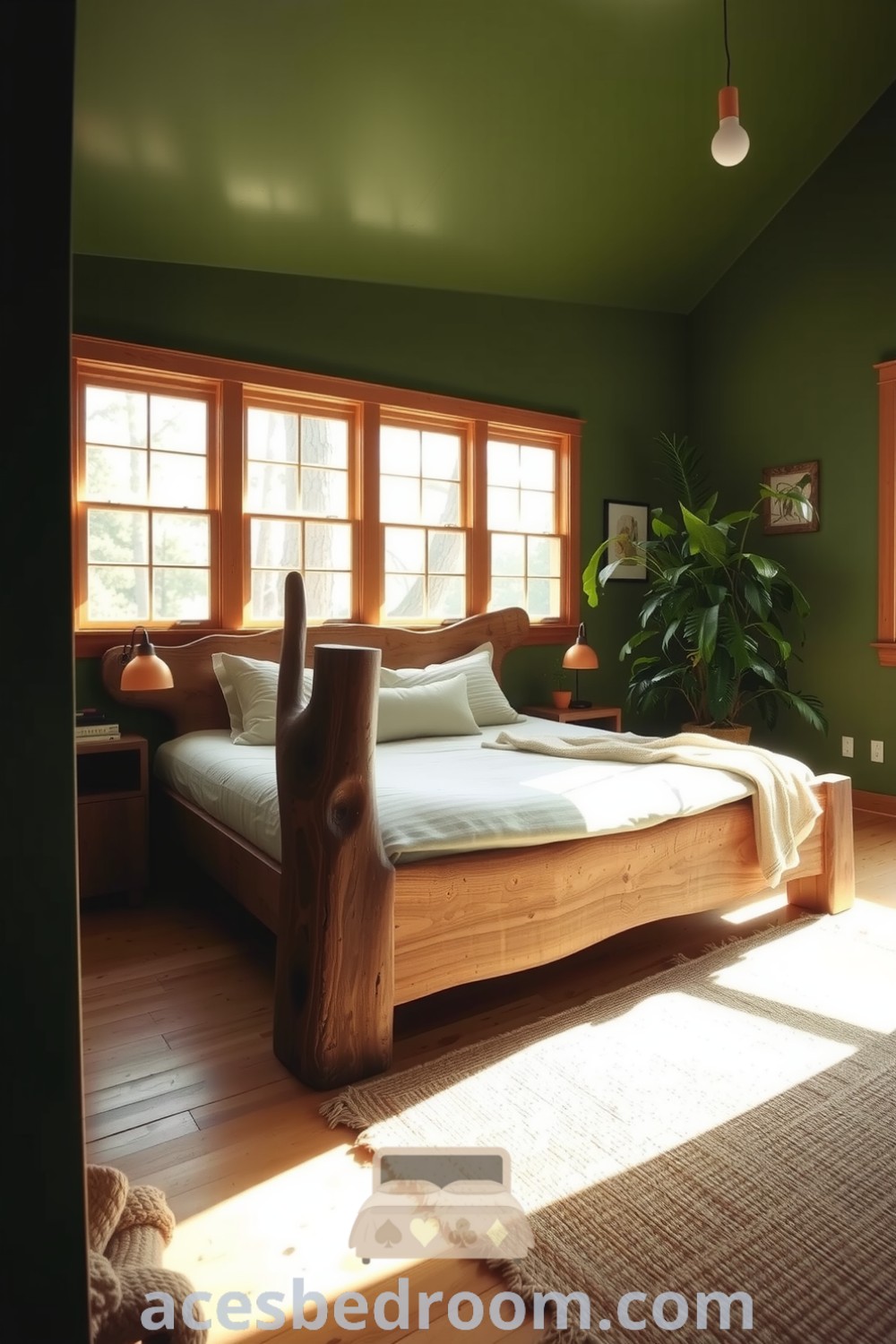 Cozy nature-inspired bedroom with green walls, a sturdy wooden bed, earth-toned linens, and a handwoven rug, enhanced by plants for a serene atmosphere, showcased on acesbedroom.com.