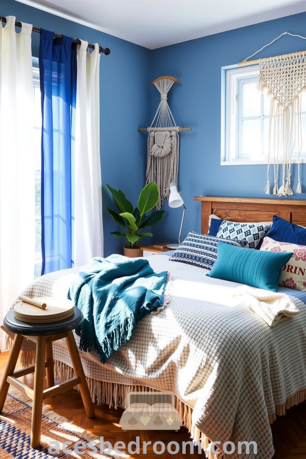 Cozy boho bedroom featuring calming blue shades, inviting bed with woven blankets, patterned cushions, and vintage décor, along with leafy plants and sunlight filtering through curtains, providing design ideas for a warm and sophisticated look on acesbedroom.com.