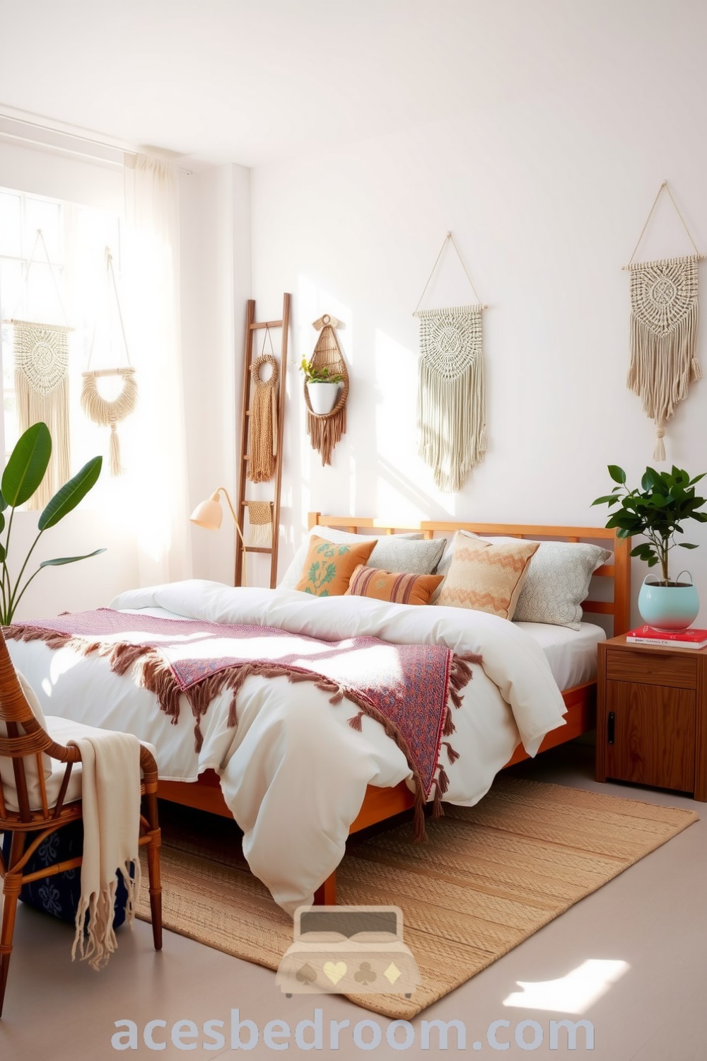 Cozy boho bedroom featuring whitewashed walls, textured macramé hangings, layered fluffy bedding with patterned throws, vintage wicker accents, and a potted plant, showcased on acesbedroom.com.