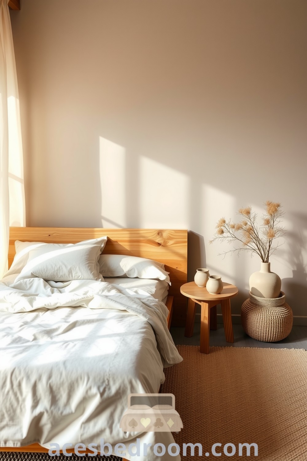 Cozy Japandi bedroom featuring soft brown and muted earth tones, organic cotton linens, natural wood headboard, delicate ceramics, and a plush area rug, designed for a warm and sophisticated look, showcased on acesbedroom.com.