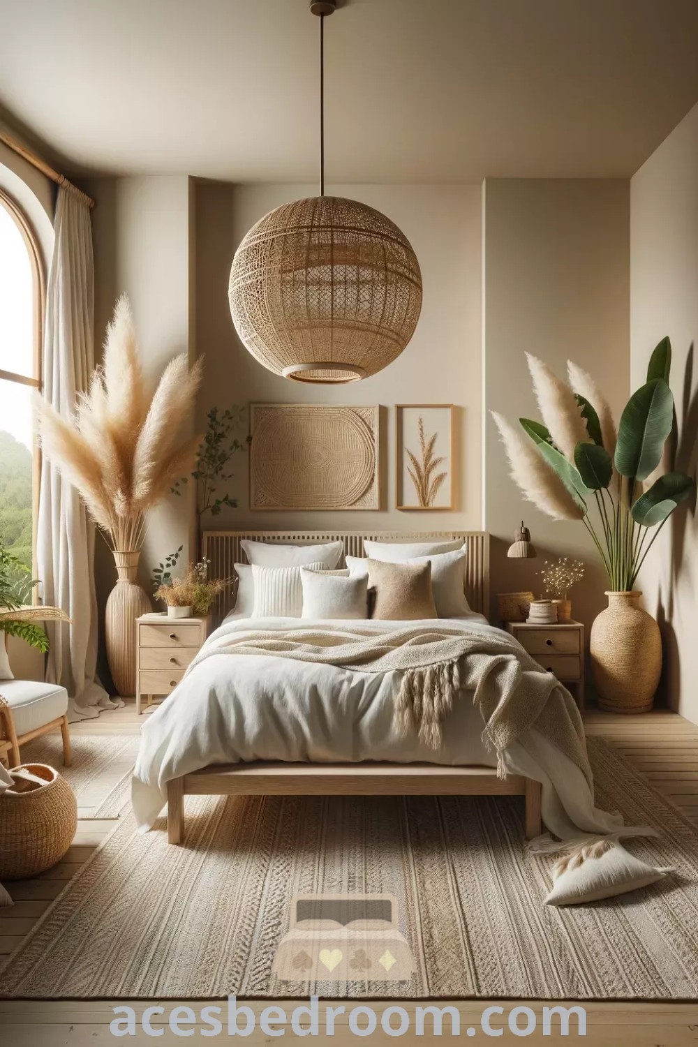 A bright, cozy bedroom with a large bed, abundant plants, and stylish bohemian decor reflecting minimalistic design trends. This warm and inviting space offers unique ideas for a boho home, inspiring design tips from acesbedroom.com.