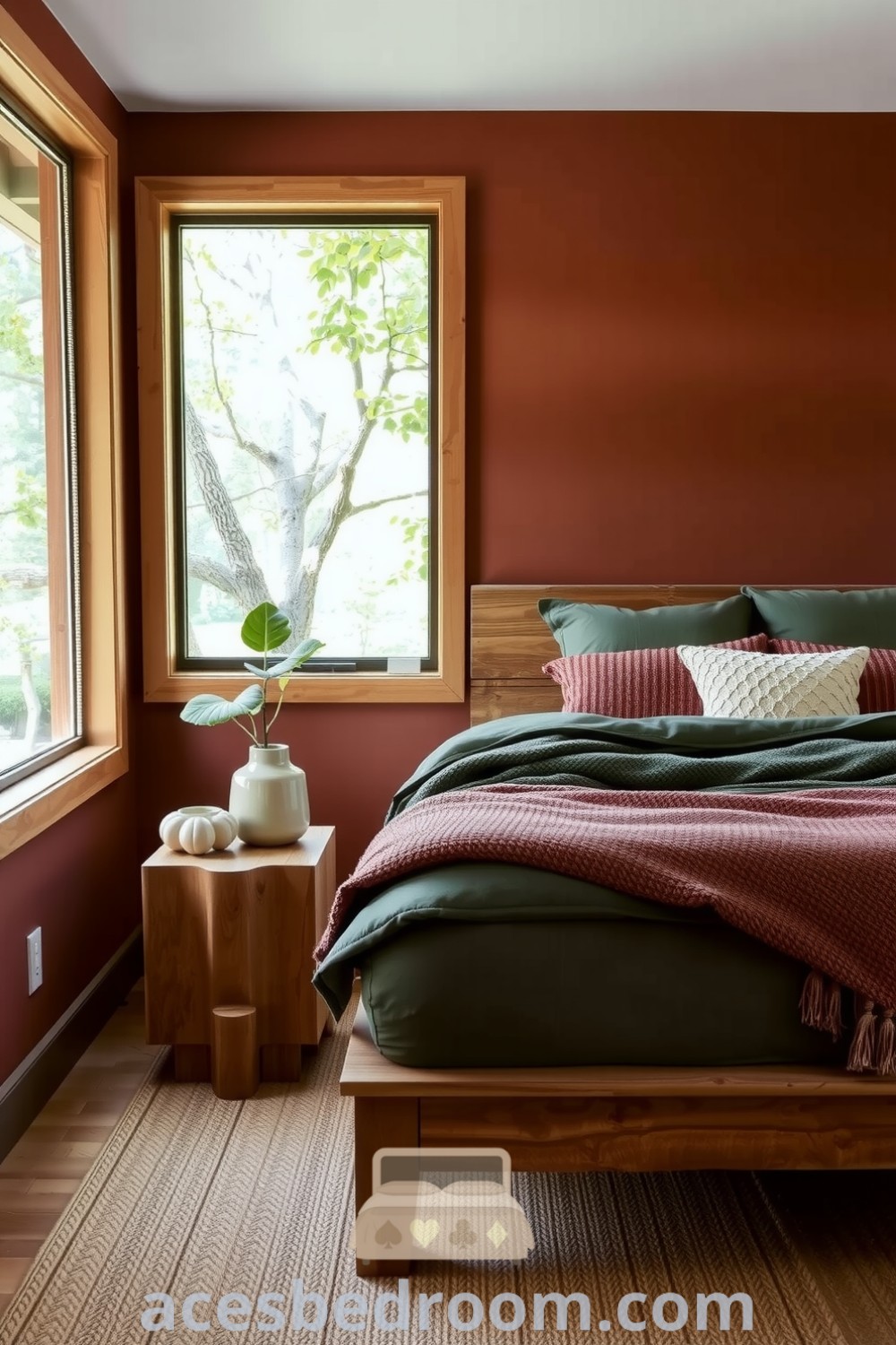 Cozy nature-inspired bedroom featuring warm earth-toned walls, textured blankets in greens and browns, a wooden bed frame, and leafy plants on a reclaimed wood bedside table, designed for a warm and sophisticated look, ideas for your home featured on acesbedroom.com.