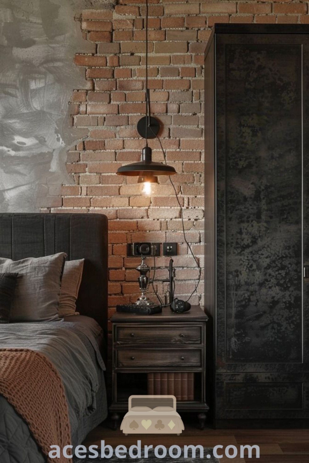 An industrial bedroom with brick walls, wooden floors, and an iron bed frame, showcasing cozy decor ideas and stylish design tips. This space offers unique inspirations for a warm and sophisticated look, featuring design trends like a modern industrial chic atmosphere. Discover more design ideas at acesbedroom.com.