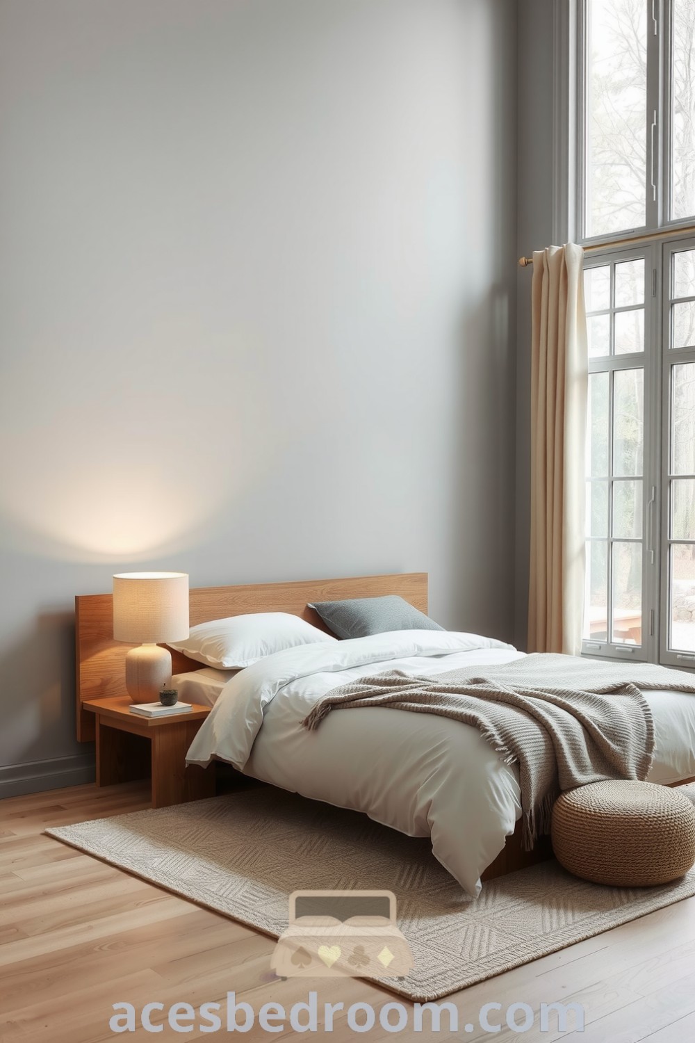 Cozy Scandinavian bedroom featuring soft gray walls, a low-profile oak bed with a white duvet, layered woolen throws, hand-thrown ceramic lamps, and light airy curtains, designed for a warm and sophisticated look, featured on acesbedroom.com.