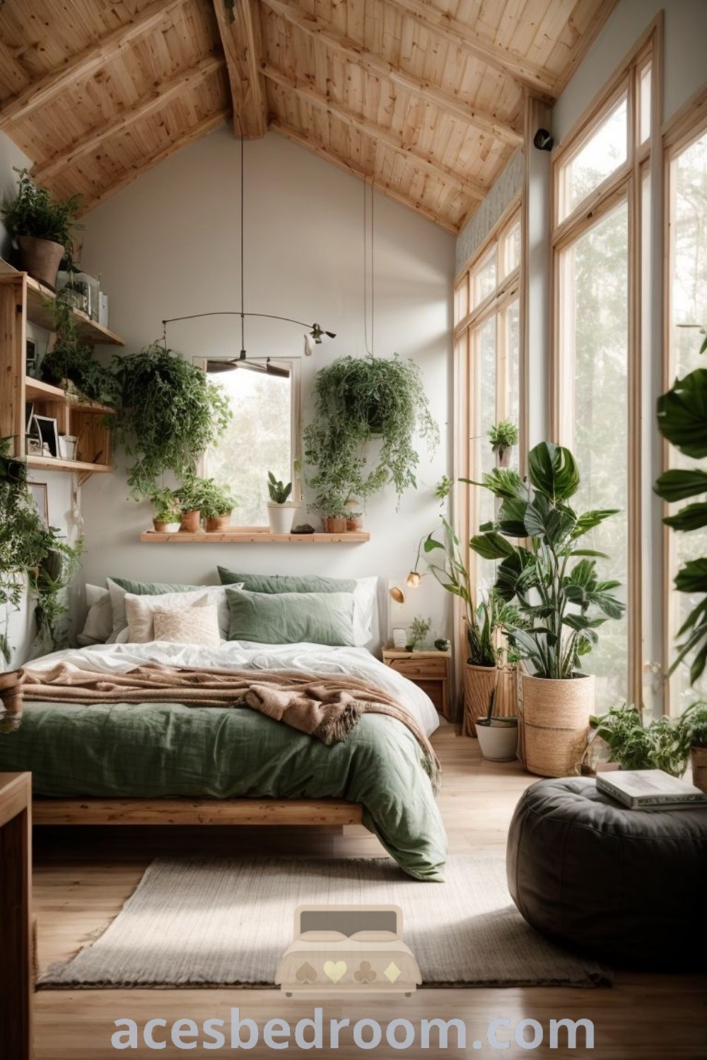A bright and cozy bedroom with high ceilings, decorated with numerous plants in the windows for a stylish and biophilic design. This green bedroom offers inspiring design ideas for creating a cozy home atmosphere filled with earthy tones and decor inspirations. Explore more stylish ideas at acesbedroom.com.