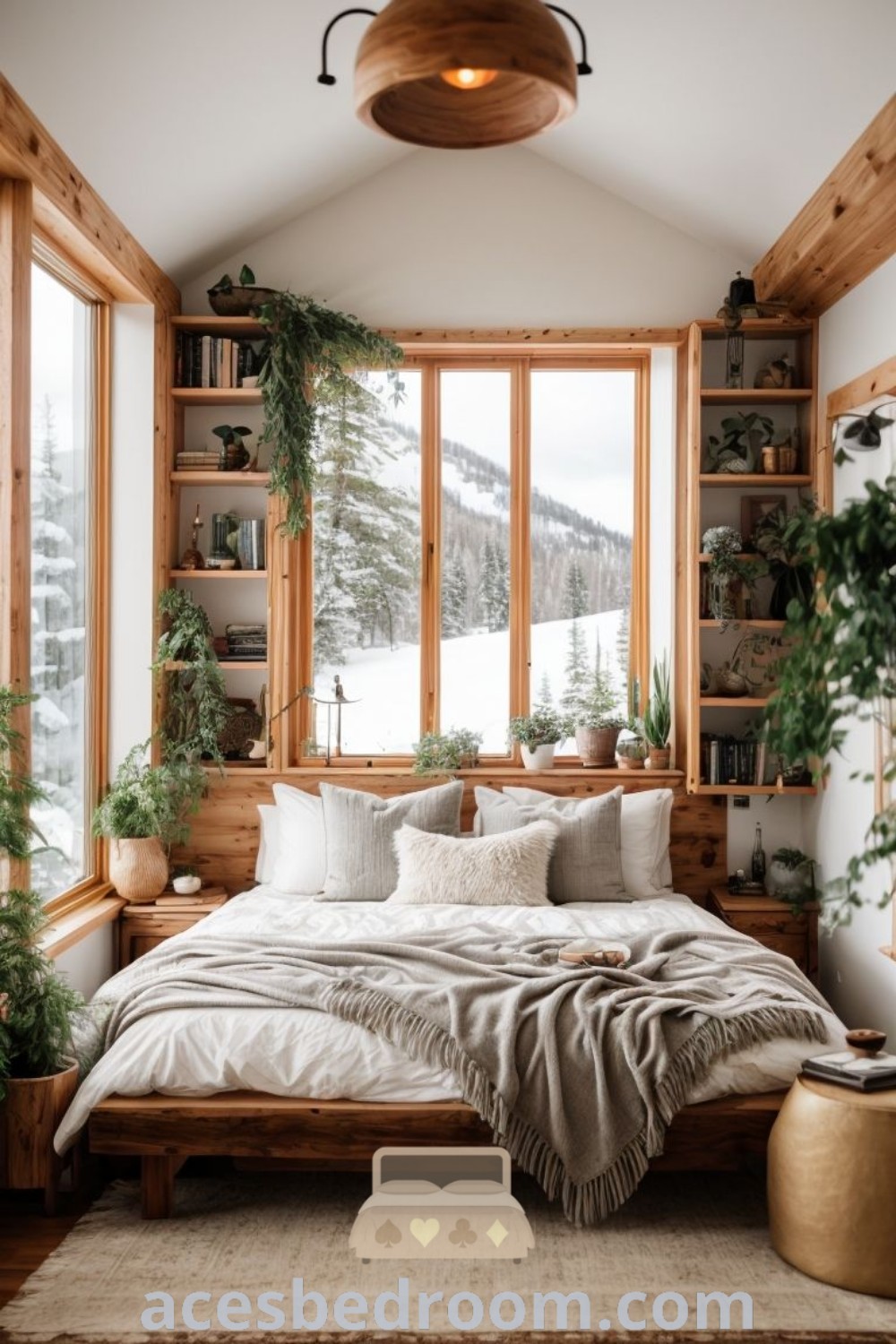 A cozy bedroom with a bed in front of a big window, enhancing the natural light, complemented by a wooden shelf filled with potted plants. This decor setup provides inspiring design ideas for small bedrooms, combining a cozy home feel with functional elements. Visit acesbedroom.com for more stylish decor inspirations.