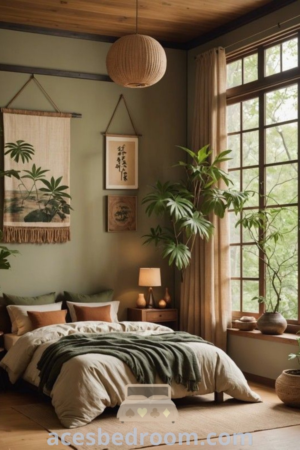 A cozy bedroom with orange and green decor, featuring a bed adorned with orange and green bedding, lush plants, and inspiring wall art. This space showcases fashionable design ideas, blending sage green and orange for a warm and sophisticated look, perfect for creating a tranquil haven. Check out acesbedroom.com for more decor inspirations.
