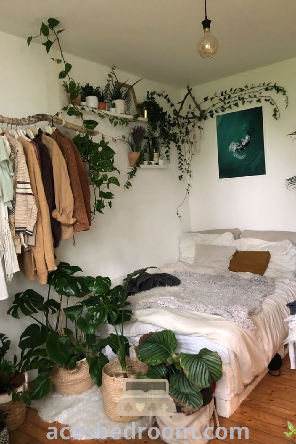 A cozy bedroom featuring plants, clothes hanging on the wall, and decor elements that represent the Urban Jungle aesthetic. This inviting space brings together vibrant greens and stylish details, offering unique ideas and design inspirations for your home. Explore more decor ideas at acesbedroom.com.