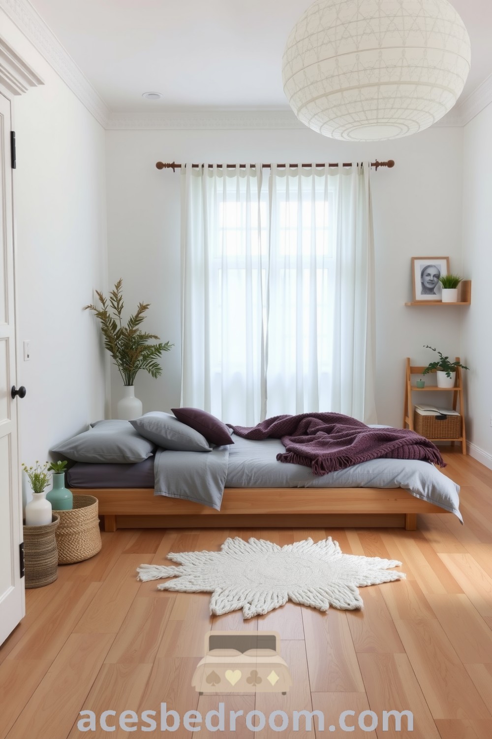 Cozy Scandinavian bedroom featuring white walls, light oak flooring, a low wooden bed with gray linens and knitted throws, minimalist decor with a ceramic vase and greenery, and soft morning light, showcased on acesbedroom.com.
