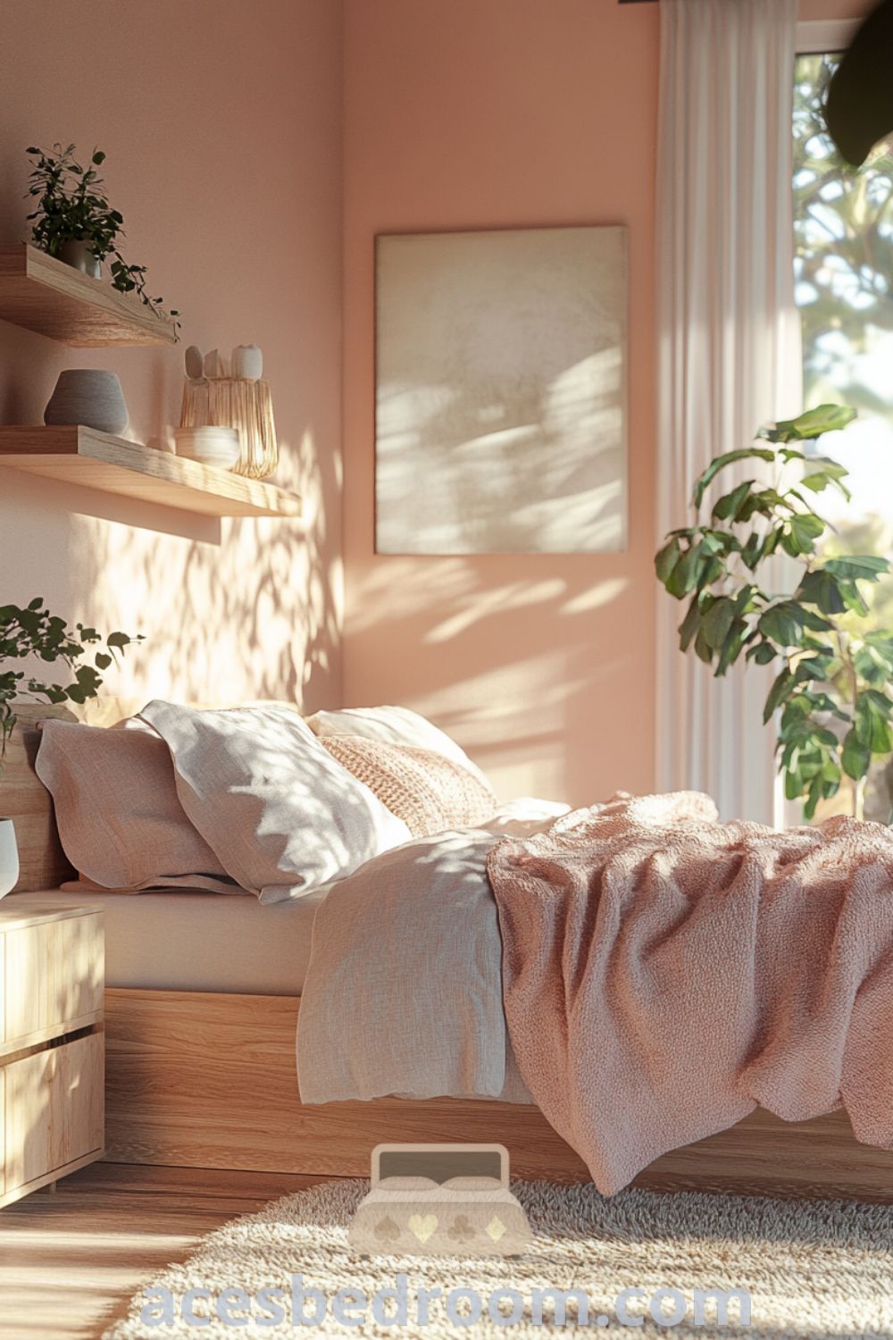 Cozy Scandinavian bedroom featuring soft pink walls, natural light from airy windows, wooden bed with knit and linen throws, distressed wood accents, potted plants, and a plush rug, showcasing design ideas for a warm and sophisticated look on acesbedroom.com.