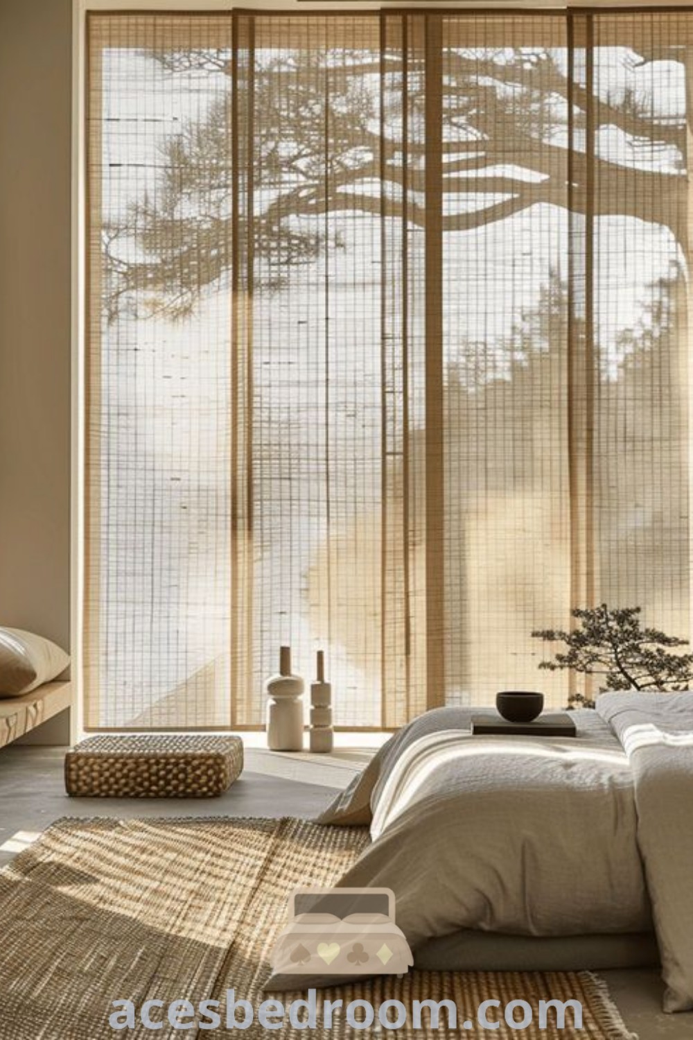 A cozy Japandi bedroom design featuring a bed next to a window dressed with sheers and bamboo blinds, highlighting unique ideas for a stylish, minimalist bedroom. This space offers cozy inspirations and design ideas that promote a warm and sophisticated look. Discover more inspirations at acesbedroom.com.