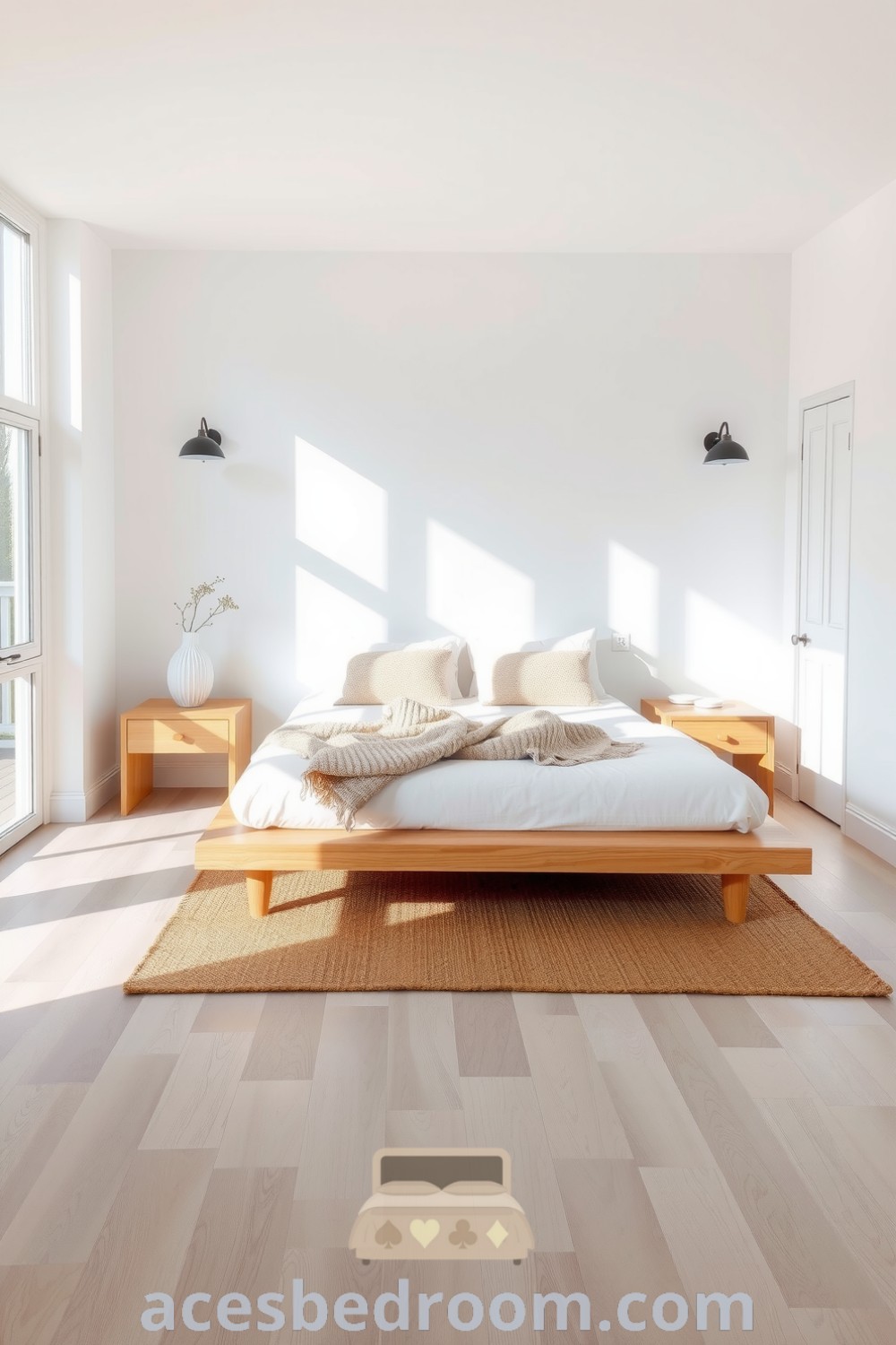 Cozy Scandinavian bedroom design featuring soft whites, pale grays, a simple platform bed with cozy knits, minimalist nightstands, large windows, and a woven rug, creating a tranquil and inviting space, showcased on acesbedroom.com.
