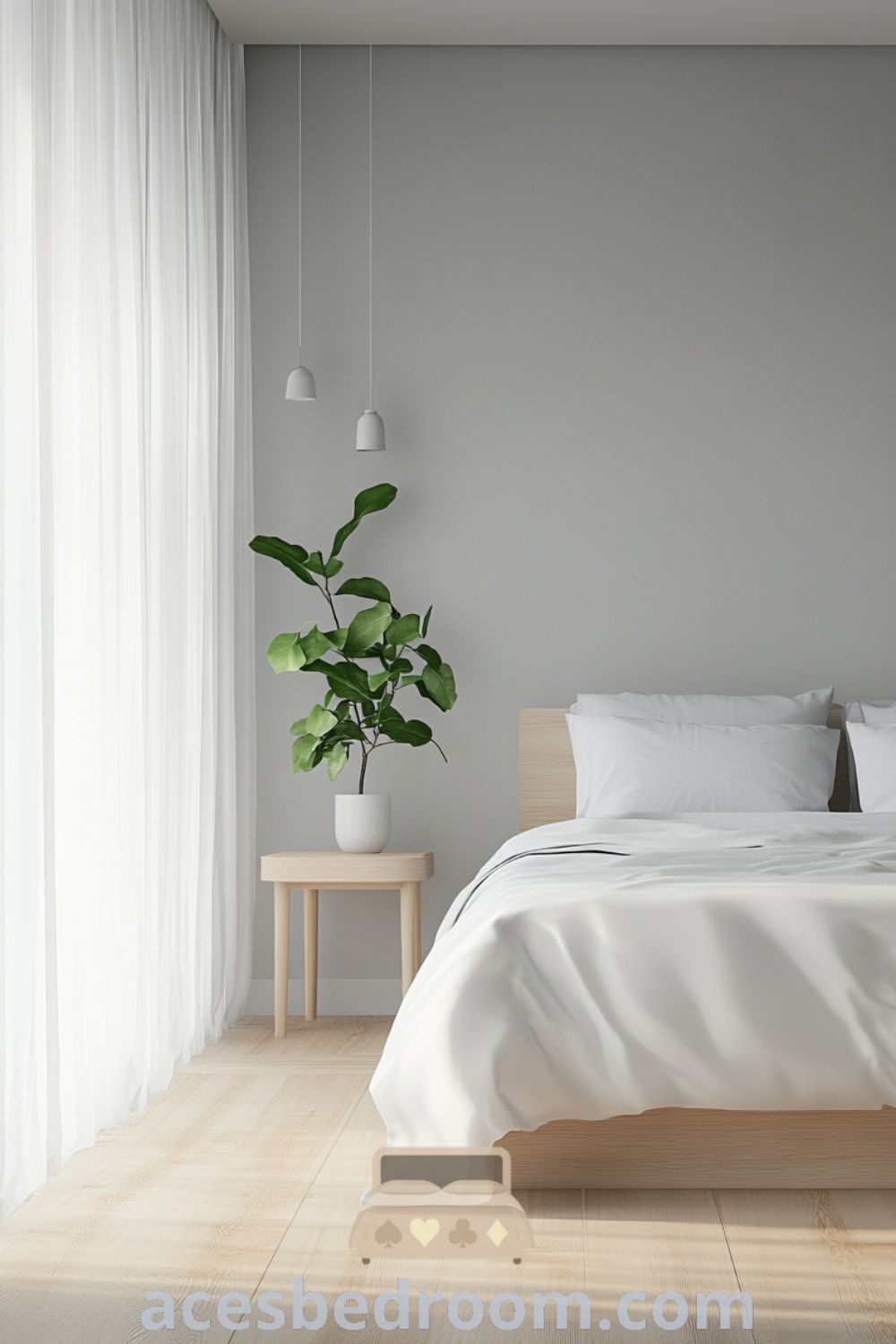 Tranquil Minimalist Bedroom design on acesbedroom.com featuring soft gray walls, clean lines, minimalist furniture, and a peaceful environment.