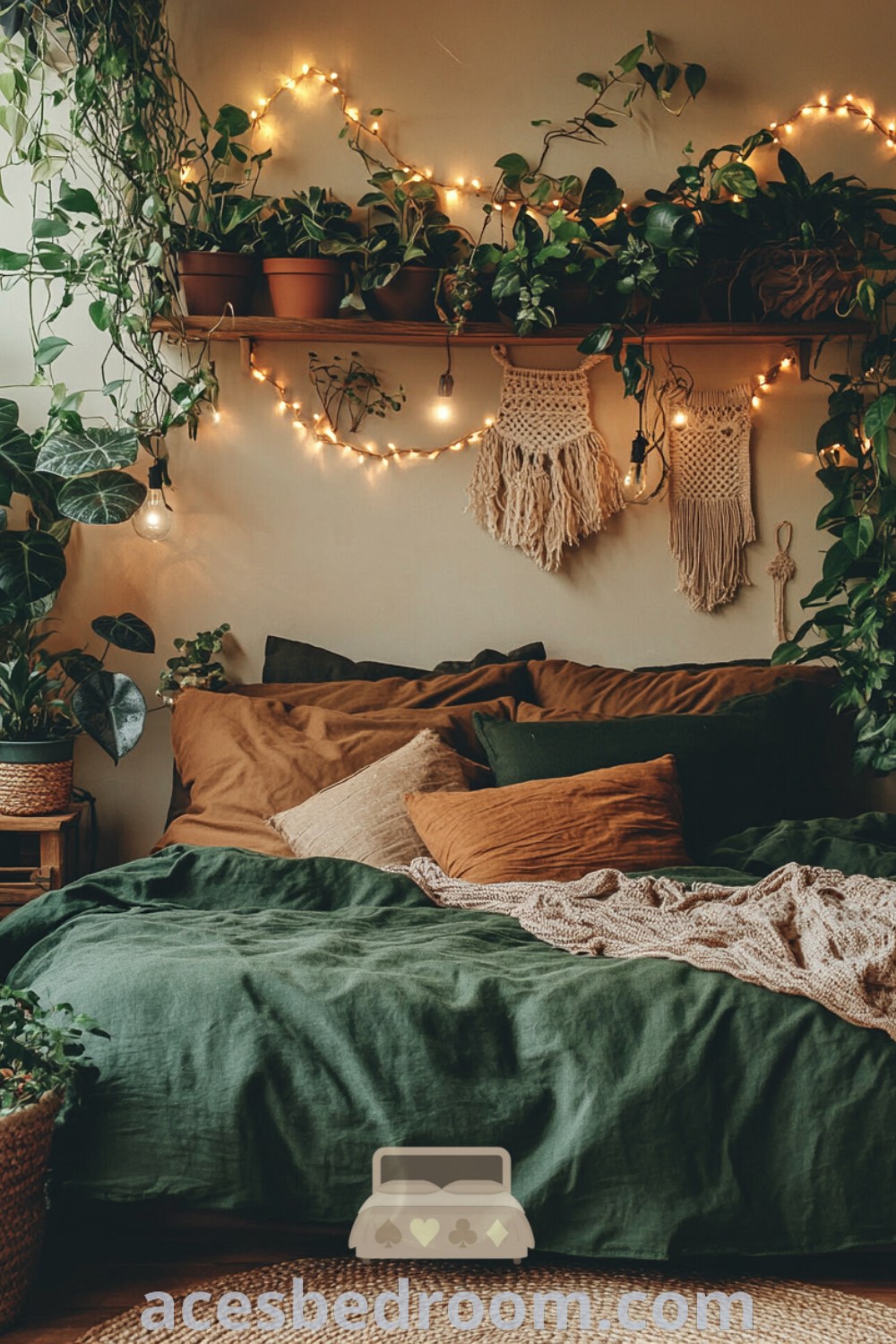 A cozy earthy bedroom featuring soft blankets, lush greenery, and warm fairy lights, creating an inviting and restful retreat. This natural decor blends the cozy aesthetic with design ideas that inspire a warm and sophisticated look. Explore more unique cozy ideas for your home at acesbedroom.com.