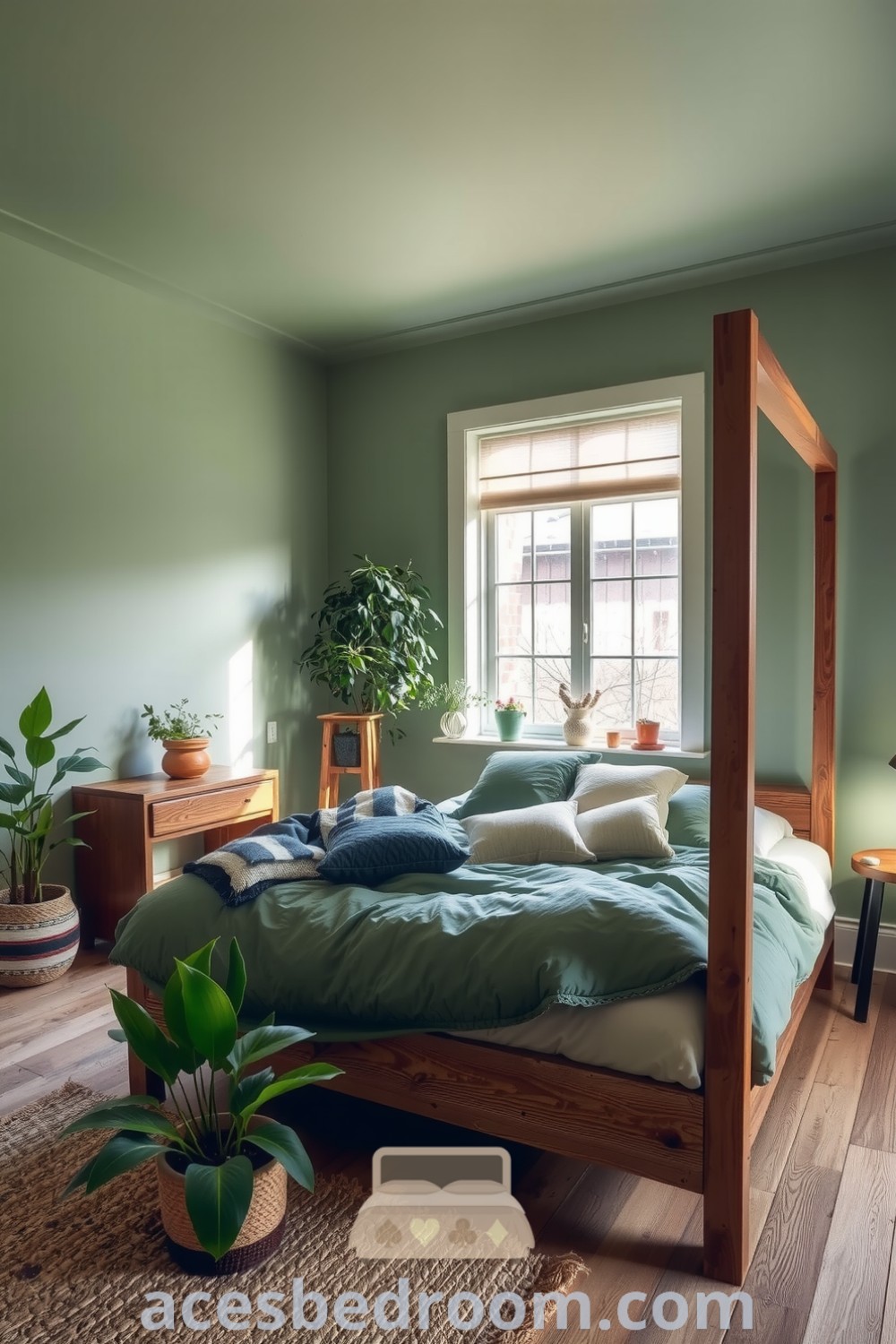 Cozy nature bedroom featuring earthy green walls, a wooden canopy bed with mossy and cream bedding, potted plants, and a woven jute rug, highlighting design ideas for a warm and sophisticated look, seen on acesbedroom.com.