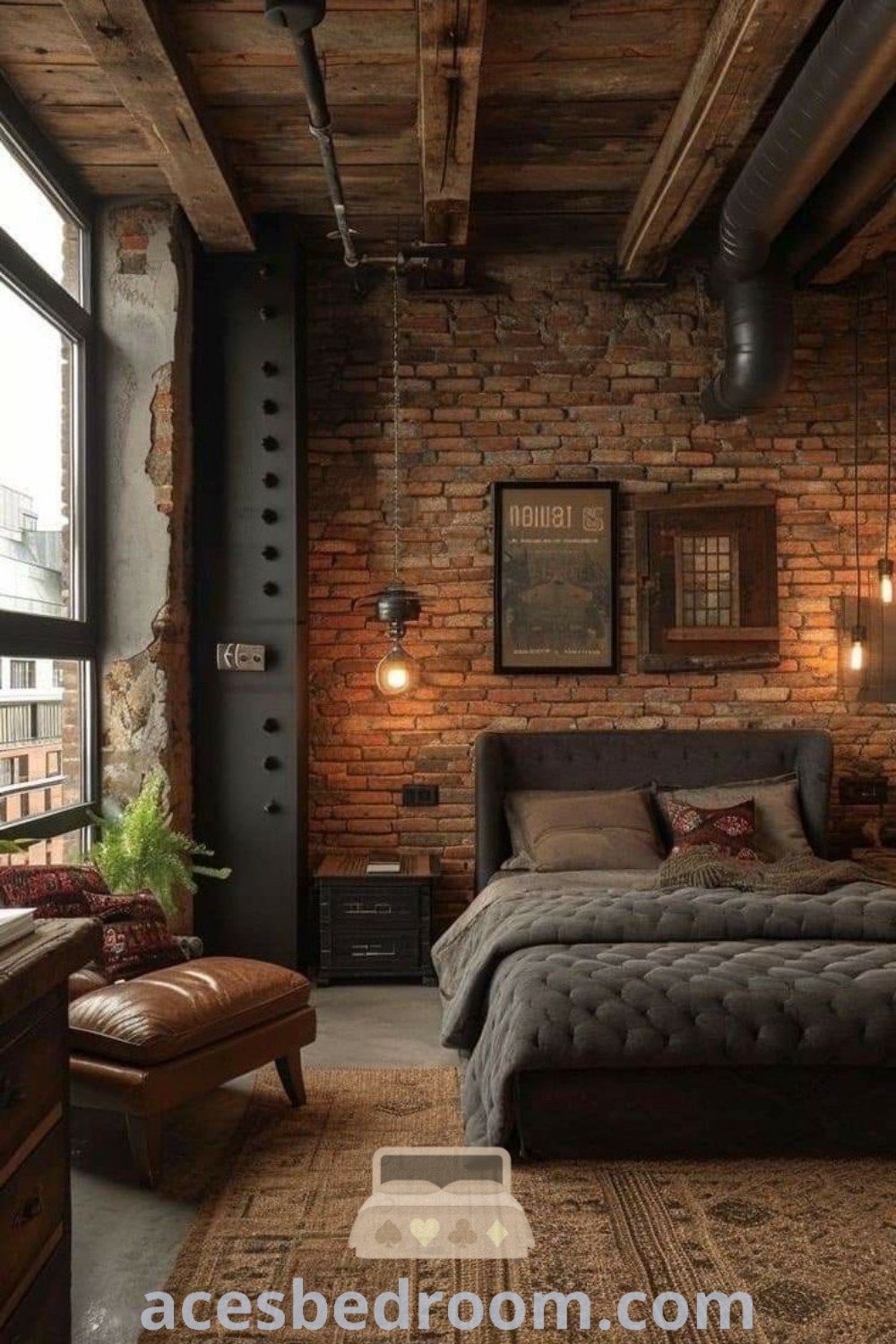 An industrial bedroom featuring brick walls and exposed ceilings, reflecting masculine bedroom ideas with a cozy aesthetic. This design incorporates rustic elements and warm tones, offering unique decor inspirations. For more design trends and cozy ideas, visit acesbedroom.com.
