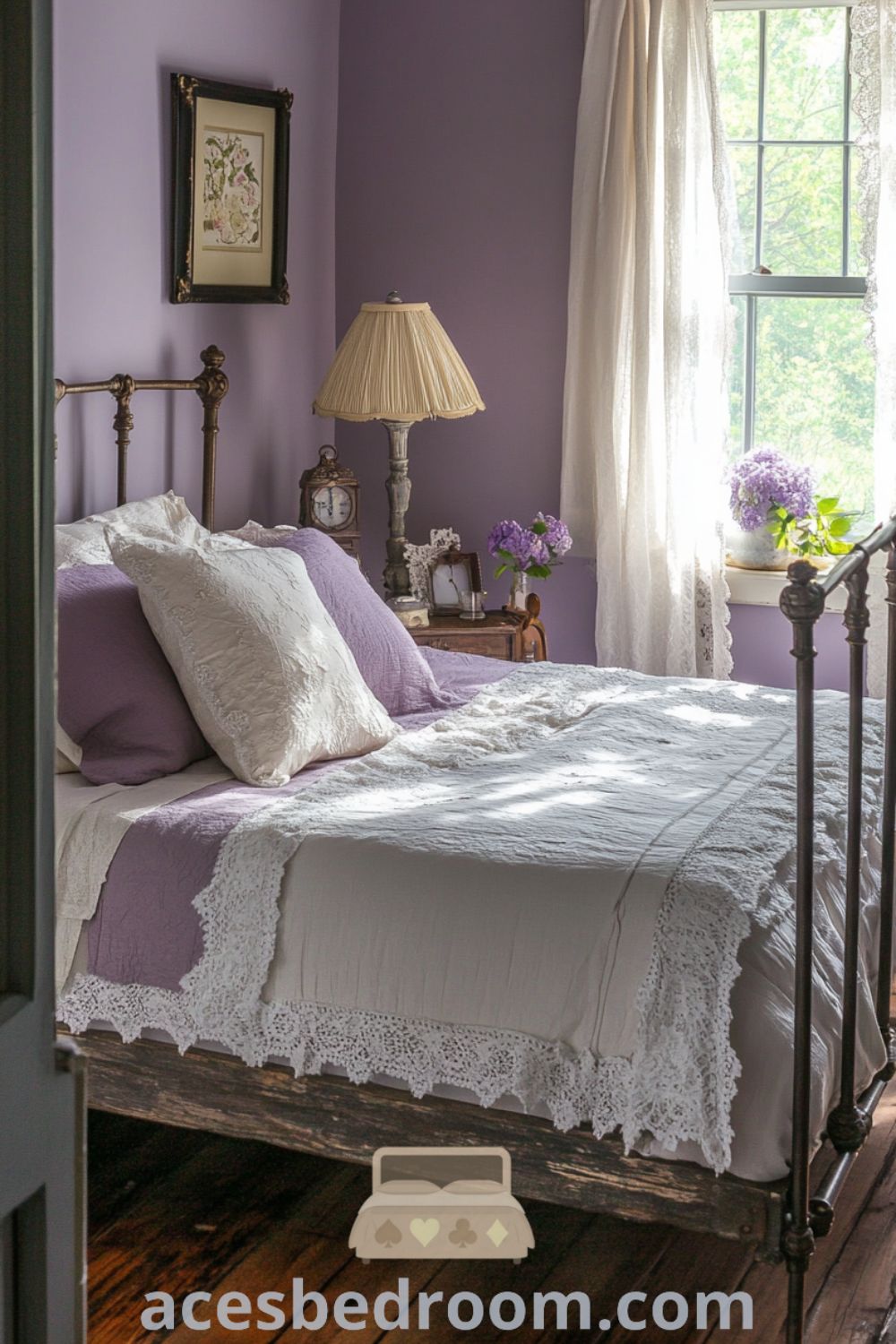 Elegant Cozy Bedroom Retreat on acesbedroom.com showcasing soothing lavender walls, cozy ideas, vintage-inspired decor, and inviting design touches for your home.
