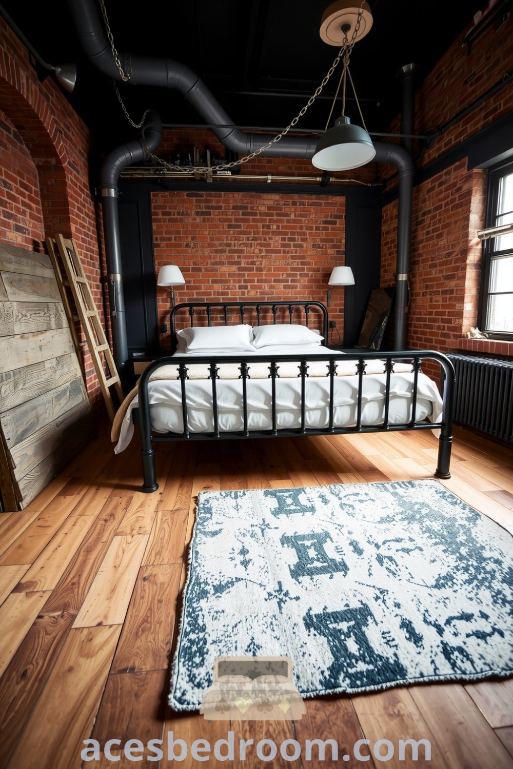 Cozy industrial bedroom with a black metal bed frame, exposed brick walls, rustic wooden flooring, and warm pendant lighting, featuring a weathered rug for a cozy aesthetic and decor inspirations for a warm and sophisticated look, showcased on acesbedroom.com.