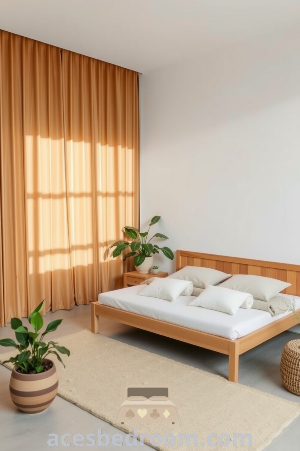 Cozy Japandi bedroom featuring white walls, minimalist wooden furniture, soft neutral linens, potted plants, and a woven rug for a warm and sophisticated look, showcased on acesbedroom.com.