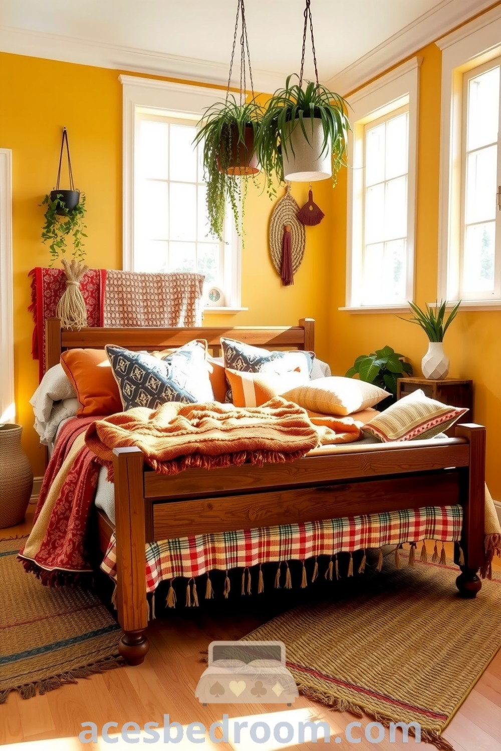 Cozy boho bedroom featuring soft yellow walls, a wooden bed frame with patterned textiles, earthy cushions, woven rugs, and hanging plants, creating a warm and inviting atmosphere, presented on acesbedroom.com.