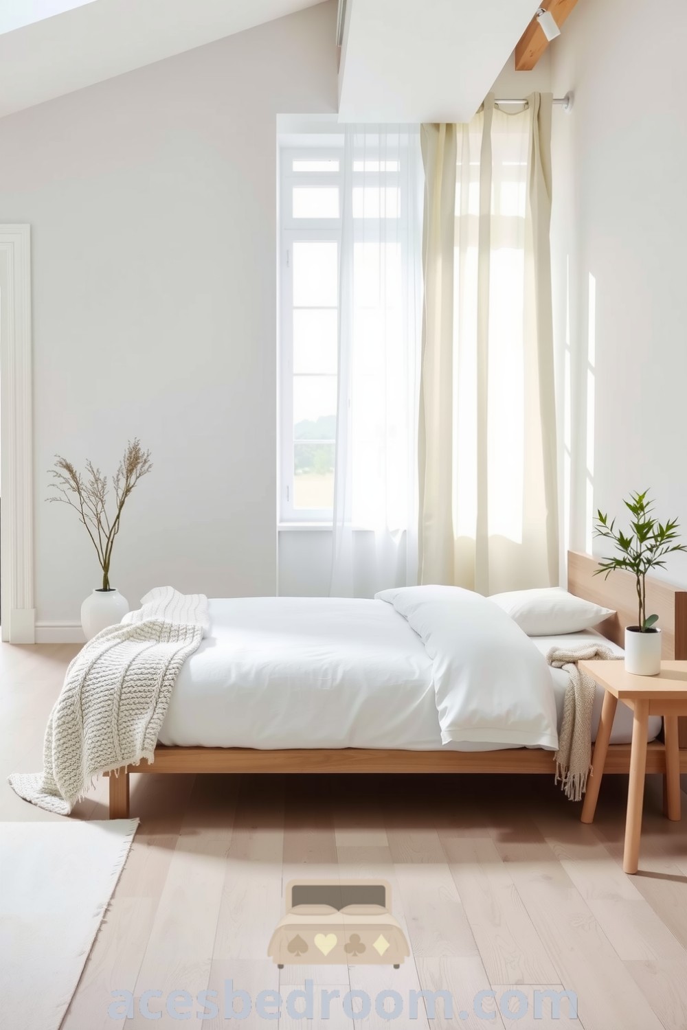 Cozy Scandinavian bedroom featuring pale wooden floorboards, light gray walls, a low-slung bed with white linens, a chunky knit throw, and a handcrafted bedside table with a potted plant, designed for a warm and sophisticated look, available on acesbedroom.com.