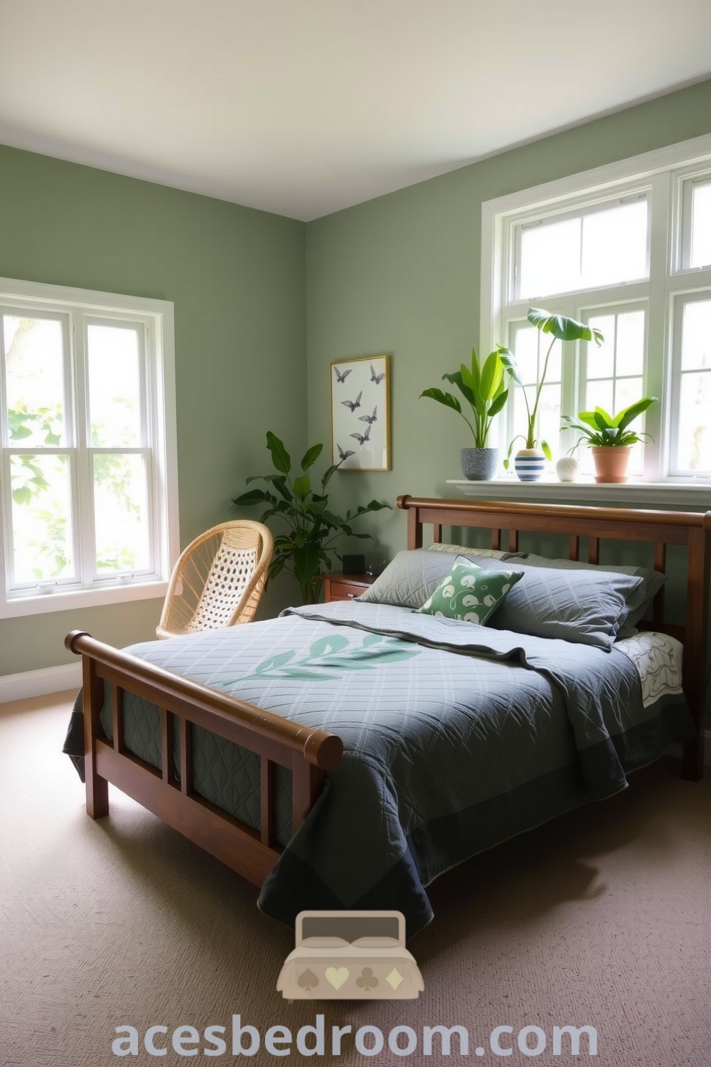 Cozy nature-inspired bedroom featuring soothing green walls, a wooden bed frame with a leaf motif quilt, large windows for natural light, a rattan chair with a knitted throw, and vibrant potted plants, presented on acesbedroom.com.
