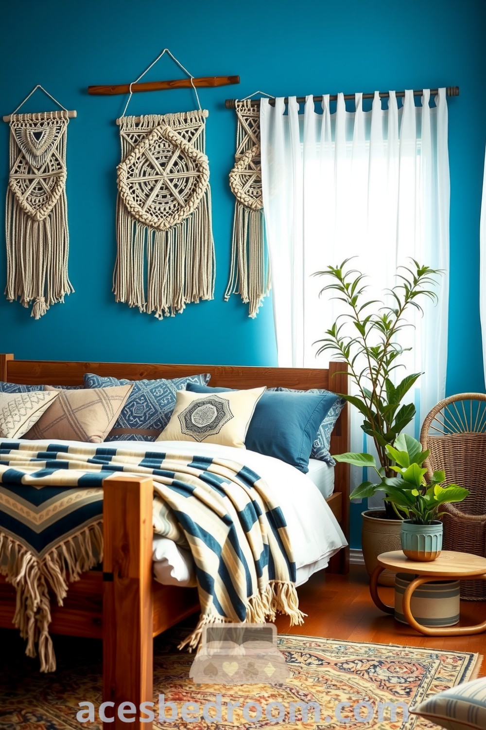 Cozy boho bedroom featuring soft blue walls, a wooden bed frame with patterned throws, macramé wall hangings, and a rustic wicker chair, creating an inviting atmosphere ideal for relaxation, showcased on acesbedroom.com.
