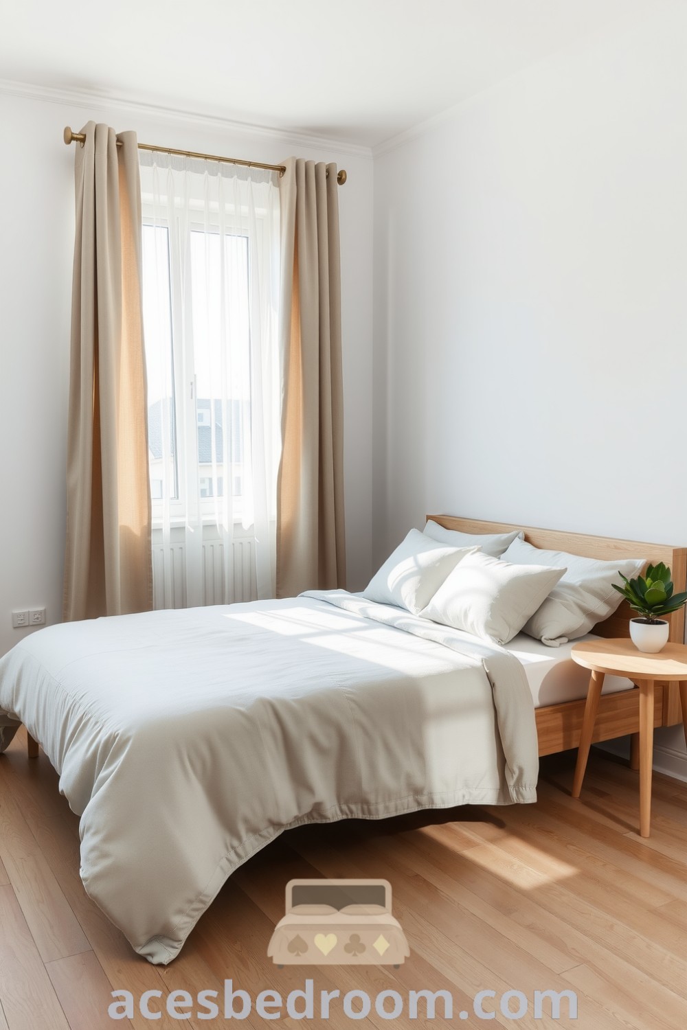 Cozy Scandinavian bedroom featuring pale wood furniture, light grey duvet, fluffy white pillows, sheer linen curtains, and a small potted plant, showcasing design ideas for a serene and tranquil space on acesbedroom.com.