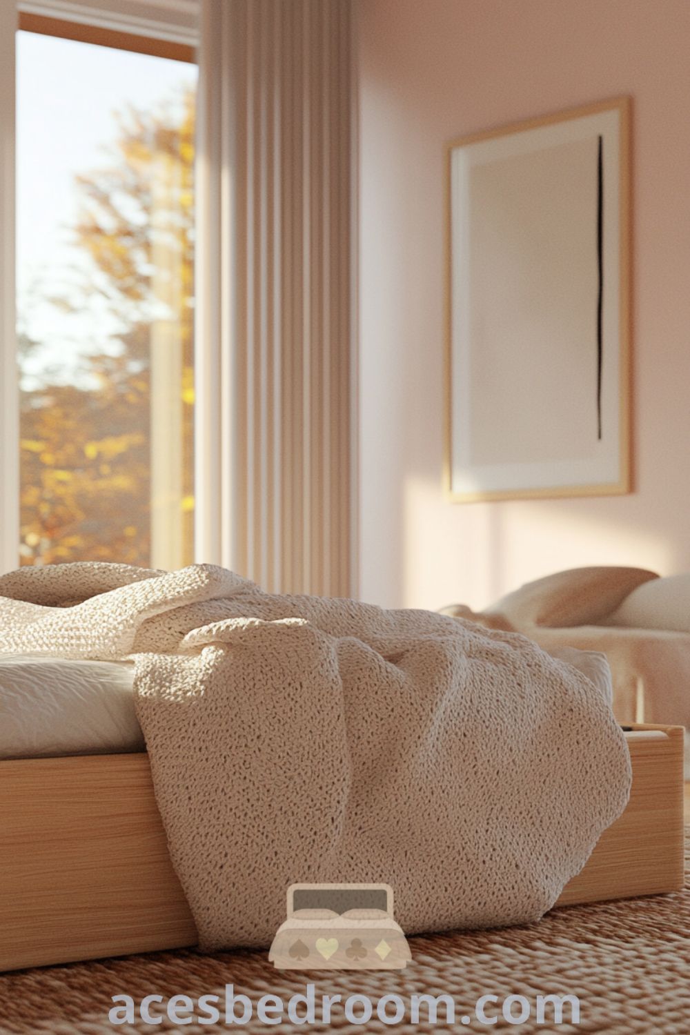 Cozy Scandinavian bedroom with soft pink walls, minimalist decor, and light oak furniture, featuring a hand-knit throw and natural light, designed for a warm and sophisticated look, featured on acesbedroom.com.