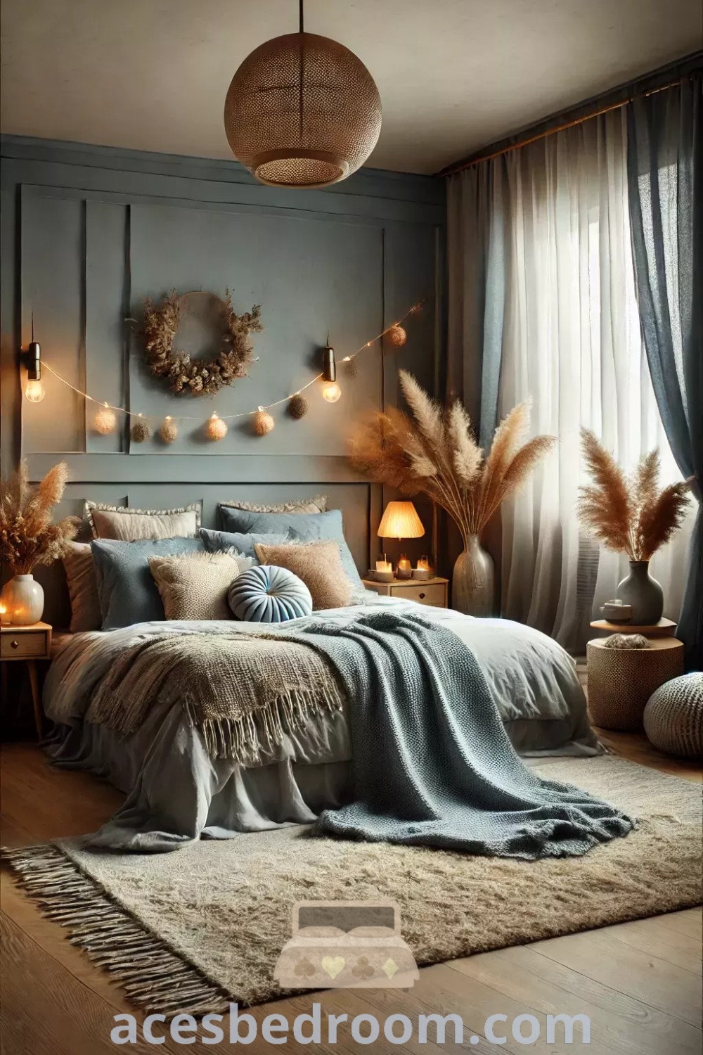 A cozy bedroom with blue walls, wooden flooring, and a bed at the center, offering design ideas for small spaces and a warm sophisticated look. Discover more stylish inspirations for your home at acesbedroom.com.