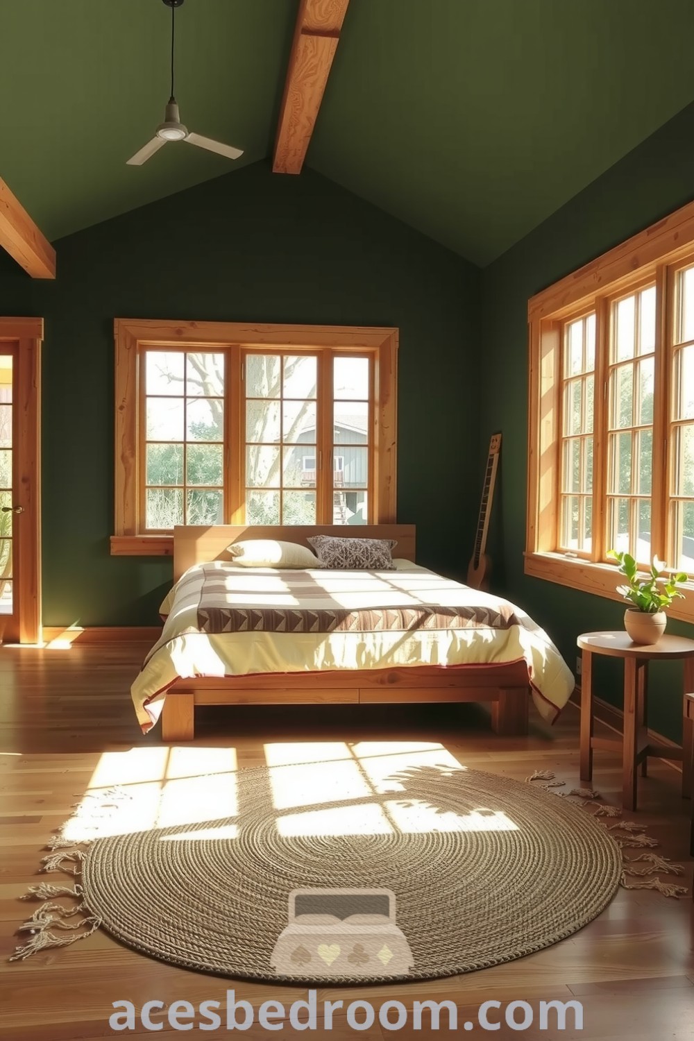 Cozy nature-inspired bedroom featuring leaf green walls, a handcrafted reclaimed wood bed, earthy quilts, and sunlight pouring in through large windows, complemented by a potted fern, showcasing inspiring decor ideas for a warm and sophisticated look on acesbedroom.com.