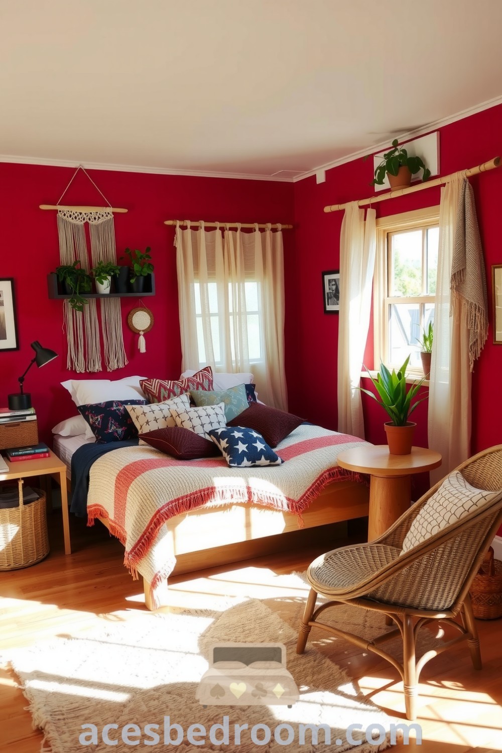 Cozy boho bedroom featuring soft red walls, a handcrafted wooden bed with textured blankets and cushions, macramé wall hangings, cascading plants, and a wicker chair, creating a warm and inviting atmosphere for relaxation, showcased on acesbedroom.com.