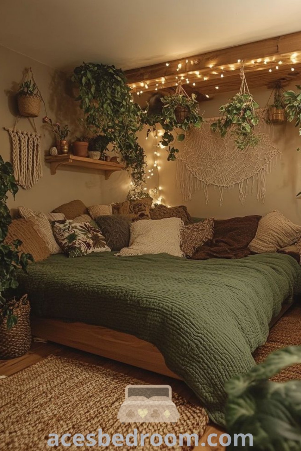 A cozy bedroom featuring a bed adorned with abundant plants on the headboard and stylish lights hanging from the ceiling, providing a warm and sophisticated look. Discover more inspiring decor ideas at acesbedroom.com.