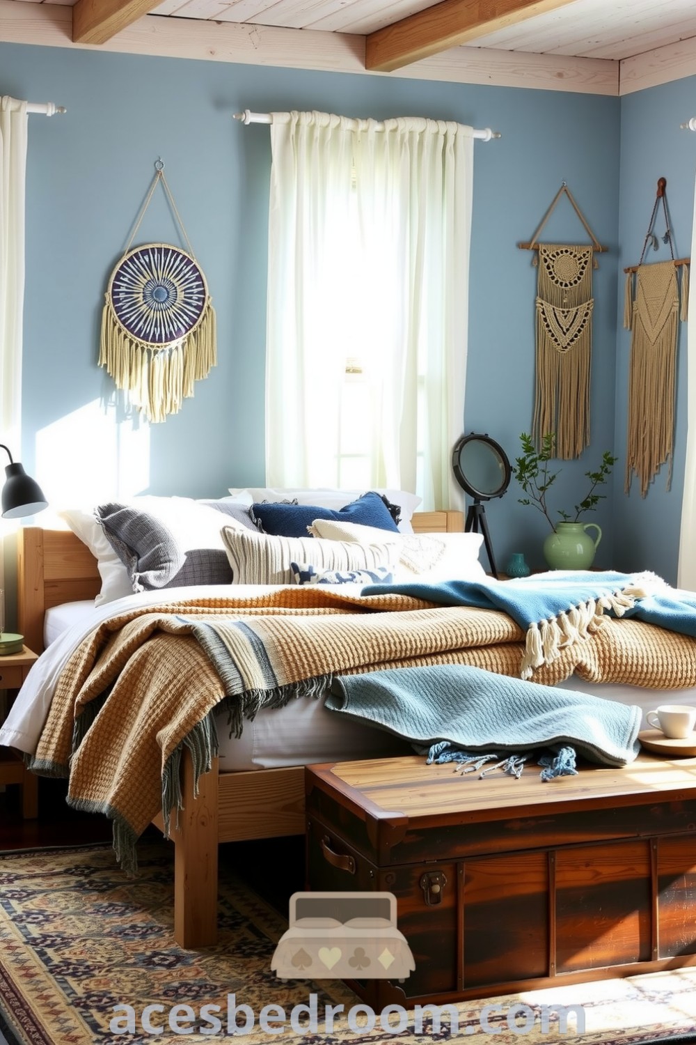 Cozy Boho bedroom with soft blue walls, a wooden bed frame draped in textured blankets and patterned pillows, woven wall hangings, and a vintage trunk, emphasizing a stylish and inviting design for a warm and sophisticated look, showcased on acesbedroom.com.