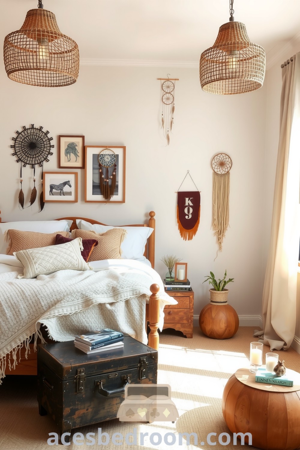 Cozy boho bedroom featuring beige tones, textured woven blankets, a natural wood bed frame, rattan pendant lights, framed art, and a vintage trunk nightstand, creating a warm and tranquil atmosphere, showcased on acesbedroom.com.